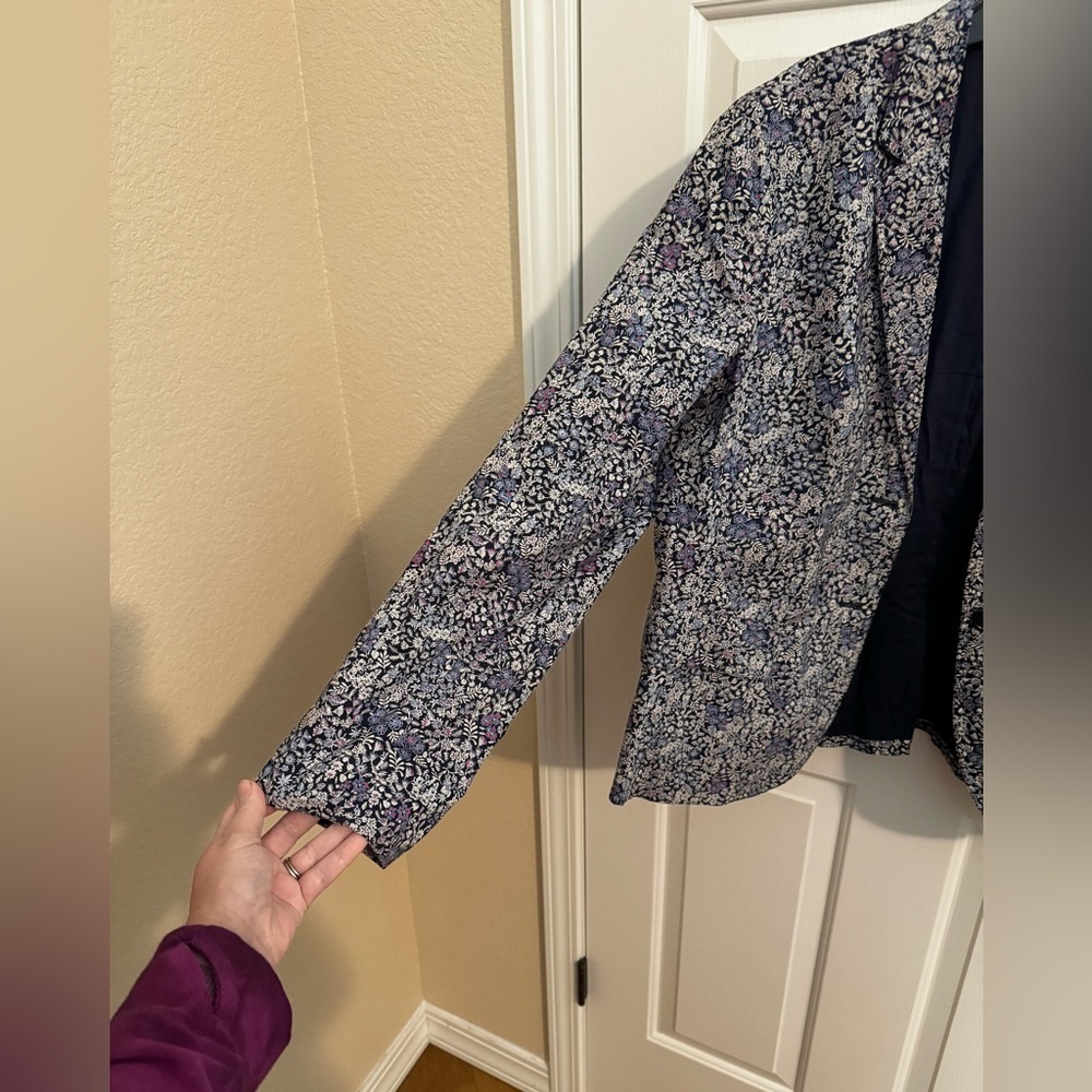 Talbots Tiny Ditsy Blue Floral Cotton Jacket Blazer Notch Collar Size 16 - Picture 12 of 12